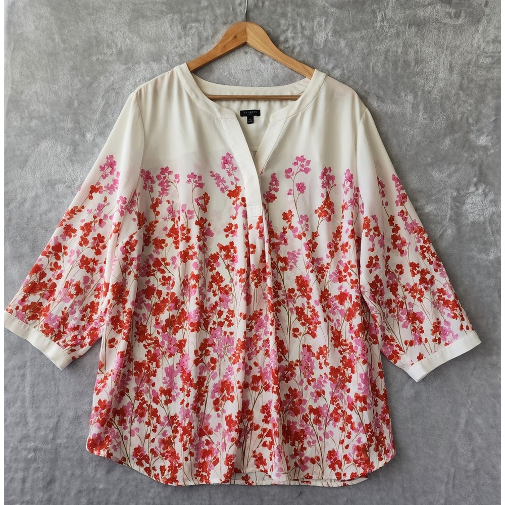 Talbots Top Womens Size 2X Wild Flower Print Red Pink Split Neck Blouse Shirt
